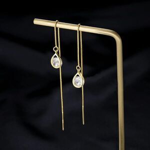 Gold 925 Sterling Silver Threader Earrings CZ Droplet Chain Dangle Earrings Gift